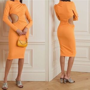 ROTATE Birger Christensen Alice Cutout Ruched Jersey Midi Dress Mock Orange SZ 2